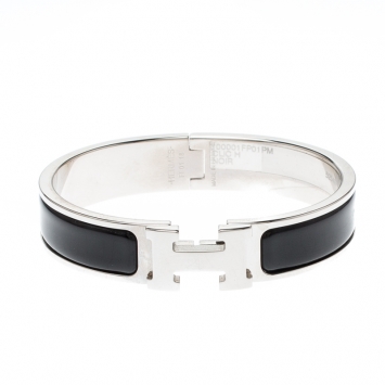 Pre Owned Hermes Clic-Clac H Black Enamel Palladium Plated Narrow Bracelet PM