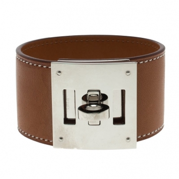 Pre Owned Hermes Kelly Dog Brown Leather Palladium Plated Wide Bracelet