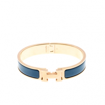 Pre Owned Hermes Clic Clac H Blue Enamel Gold Plated Narrow Bracelet PM