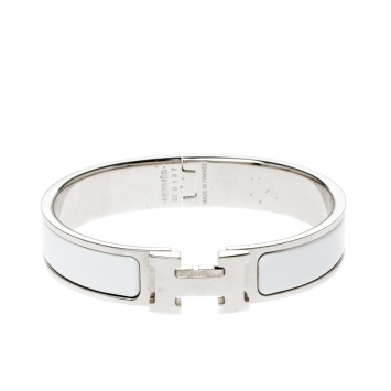 Pre Owned Hermès Clic H White Enamel Palladium Plated Narrow Bracelet PM