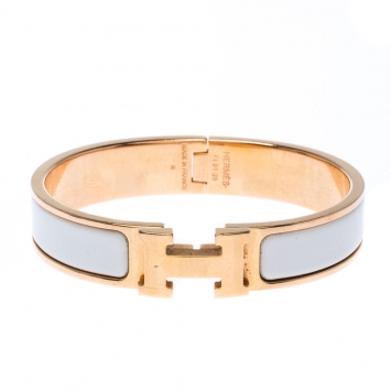 Pre Owned Hermes Clic Clac H White Enamel Gold Plated Narrow Bracelet PM