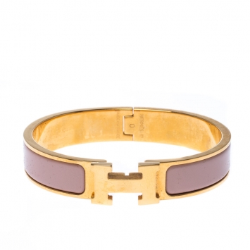 Pre Owned Hermes Clic Clac H Dusty Pink Enamel Gold Plated Narrow Bracelet PM