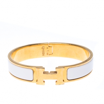 Pre Owned Hermes Clic Clac H White Enamel Gold Plated Narrow Bracelet PM
