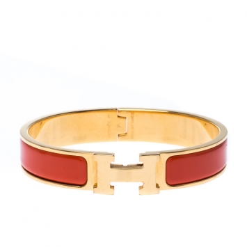 Pre Owned Hermes Clic H Orange Mandarine Enamel Gold Plated Narrow Bracelet PM