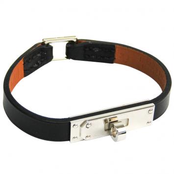 Pre Owned Hermes Kelly Black Swift Leather Palladium Bracelet