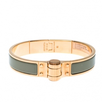 Pre Owned Hermes Charniere Uni Green Enamel Rose Gold Plated Bracelet GM