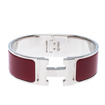 Pre Owned Hermes Clic Clac H Red Enamel Palladium Plated Wide Bracelet GM