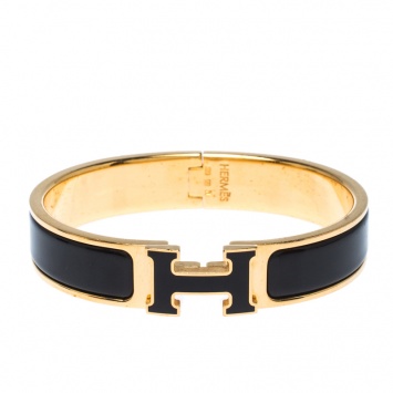 Pre Owned Hermes Clic Clac H Black Enamel Gold Plated Narrow Bracelet PM