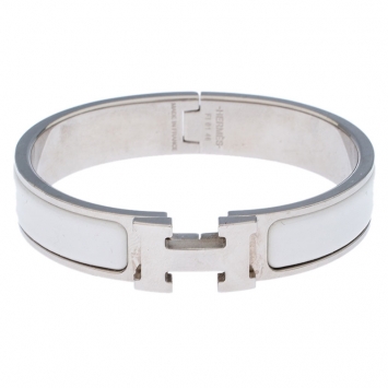 Pre Owned Hermes Clic Clac H White Enamel Palladium Plated Narrow Bracelet PM