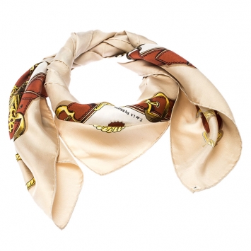 Pre Owned Hermes Beige Guivreries Print Silk Twill Scarf 