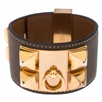 Pre Owned Hermès Collier de Chien Calfskin Olive Green Leather Gold Plated Bracelet