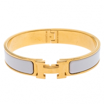 Pre Owned Hermes White Enamel Gold Plated Clic Clac H Bracelet PM
