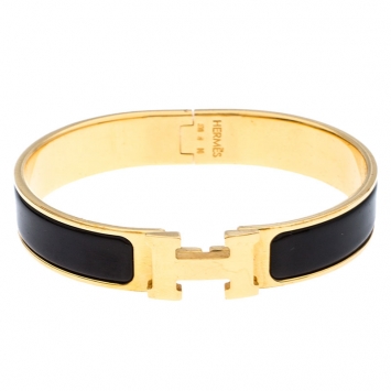 Pre Owned Hermès Clic H Black Enamel Gold Plated Narrow Bracelet PM