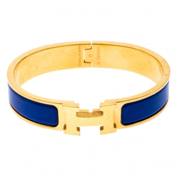 Pre Owned Hermes Clic H Blue Enamel Gold Plated Narrow Bracelet PM