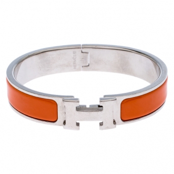 Pre Owned Hermes Clic H Orange Enamel Palladium Plated Bracelet PM