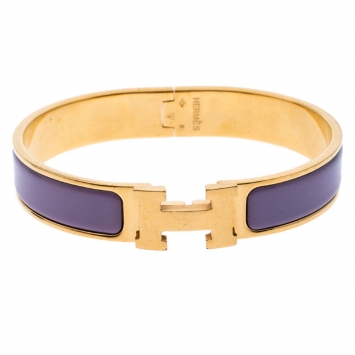 Pre Owned Hermes Clic H Purple Rose Cendré Enamel Gold Plated Bracelet GM