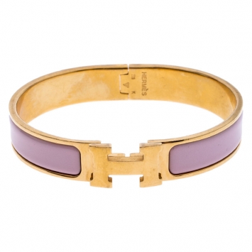 Pre Owned Hermès Clic H Pink Enamel Gold Plated Narrow Bracelet GM