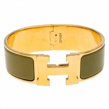 Pre Owned Hermes Clic Clac H Green Enamel Gold Plated Wide Bracelet GM