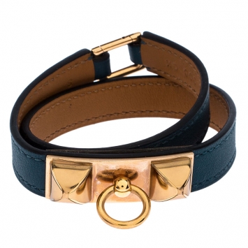 Pre Owned Hermes Teal Green Leather Rivale Double Tour Bracelet S