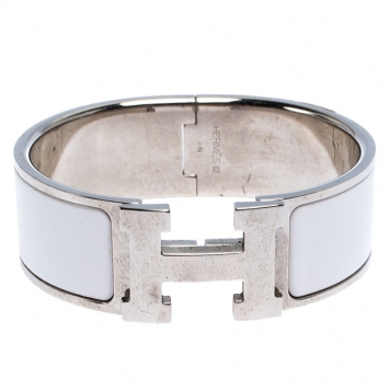 Pre Owned Hermès Clic Clac H White Enamel Palladium Plated Wide Bracelet PM