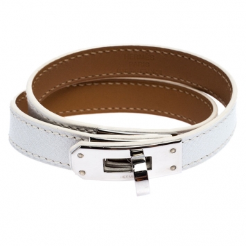 Pre Owned Hermes Kelly Double Tour White Leather Palladium Plated Wrap Bracelet M