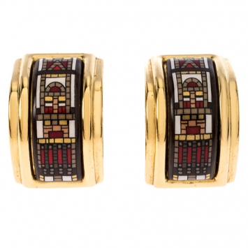 Pre Owned Hermes Printed Enamel Inlay Gold Plated Clip-on Earrings