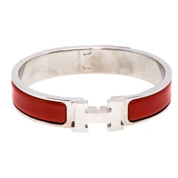 Pre Owned Hermès Clic H Red Enamel Palladium Plated Narrow Bracelet PM