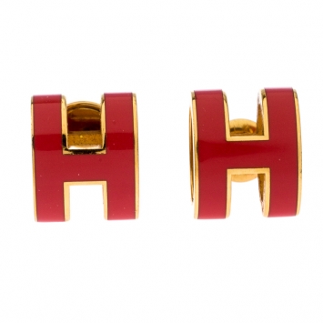 Pre Owned Hermes Pop H Pink Lacquered Gold Plated Stud Earrings