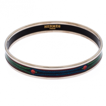 Pre Owned Hermes Multicolor Printed Enamel Palladium Plated Narrow Bangle Bracelet 