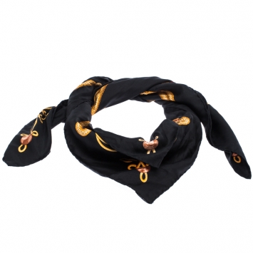 Pre Owned Hermès Black and Gold Brandebourgs Silk Twill Scarf