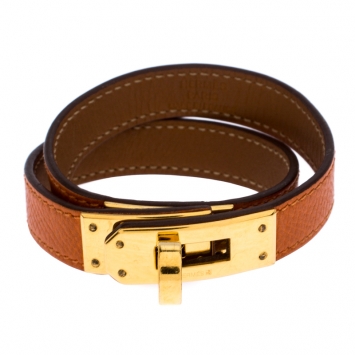 Pre Owned Hermes Kelly Double Tour Orange Leather Gold Plated Wrap Bracelet S