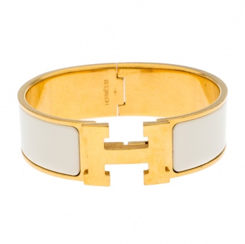 Pre Owned Hermes Clic Clac H White Enamel Gold Plated Wide Bracelet GM