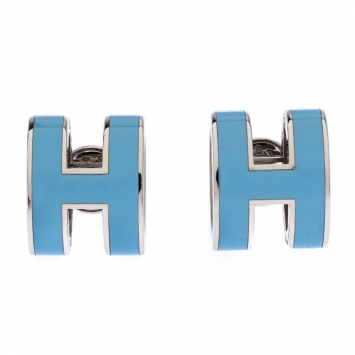 Pre Owned Hermes Pop H Blue Lacquered Palladium Plated Stud Earrings