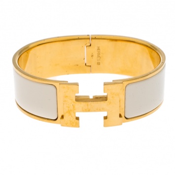 Pre Owned Hermes Clic Clac H White Enamel Gold Plated Wide Bracelet GM