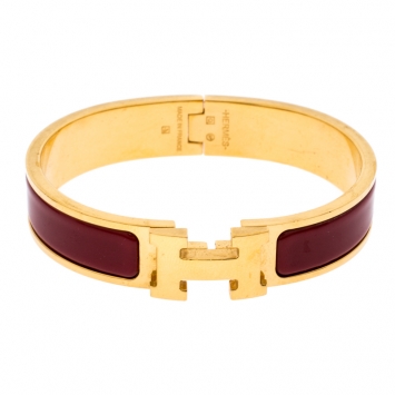Pre Owned Hermès Clic H Rouge Red Enamel Gold Plated Narrow Bracelet PM