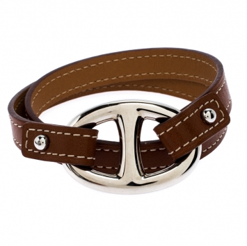Pre Owned Hermès Brown Leather Granville Double Tour Bracelet M