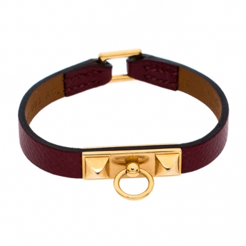 Pre Owned Hermès Rouge Grenat Leather Micro Rivale Bracelet S