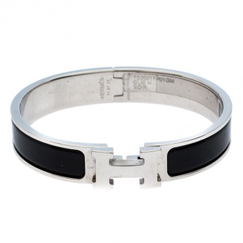 Pre Owned Hermès Clic H Noir Enamel Palladium Plated Narrow Bracelet GM