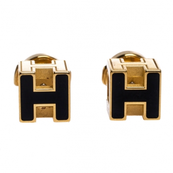 Pre Owned Hermes Cage d'H Black Lacquer Yellow Gold Plated Stud Earrings