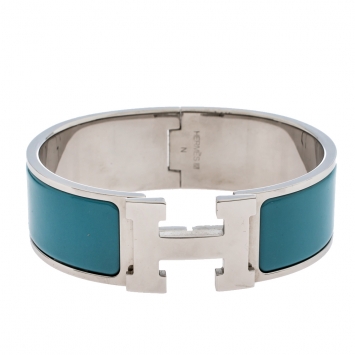 Pre Owned Hermès Clic Clac H Blue Enamel Palladium Plated Wide Bracelet GM