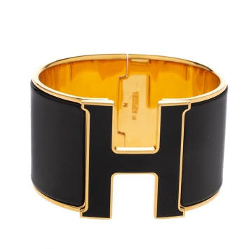 Pre Owned Hermès Clic Clac H Black Enamel Gold Plated Wide Bracelet PM