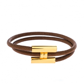 Pre Owned Hermes Tournis Tresse Brown Leather Gold Plated Wrap Bracelet