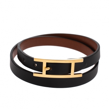 Pre Owned Hermes Behapi Black Leather Gold Plated Double Tour Reversible Bracelet M