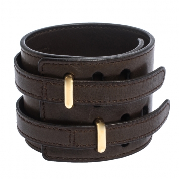 Pre Owned Hermes Brown Leather Gold Plated Wide Cuff Adjustable Bracelet 