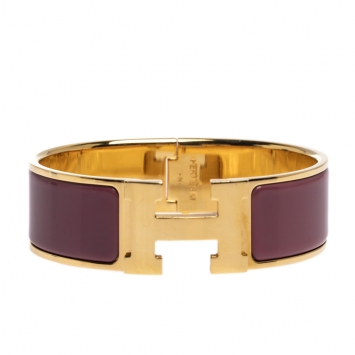 Pre Owned Hermes Clic Clac H Mauve Enamel Gold Plated Wide Bracelet GM
