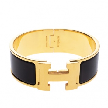 Pre Owned Hermes Clic Clac H Black Enamel Gold Plated Wide Bracelet PM