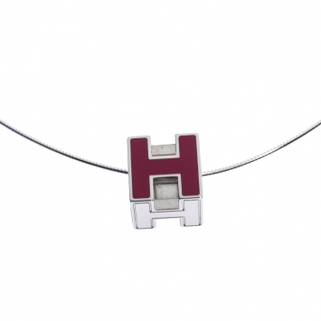 Pre Owned Hermes Cage d'H Pink Lacquer Palladium Plated Pendant Necklace