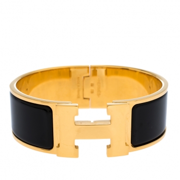 Pre Owned Hermes Clic Clac H Black Enamel Gold Plated Wide Bracelet PM