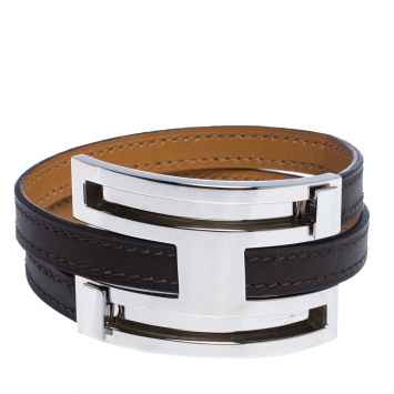 Pre Owned Hermes Pousse Pousse Brown Leather Palladium Plated Adjustable H Bracelet