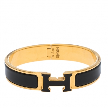 Pre Owned Hermes Clic H Black Enamel Gold Plated Narrow Bracelet PM